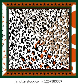 Leopard skin fashionable pattern. Trendy print with green, orange, beige, black and white. Modern wild animal vector illustration. Polka dots, floral element. For fashion, fabric, shawl, scarf, design