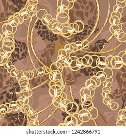 Leopard skin and gold chain texture for fashionable fabric pattern seamless. Abstact background trend vector illustration.