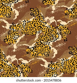 Leopard skin with mimetic camouflage background abstract vector seamless pattern