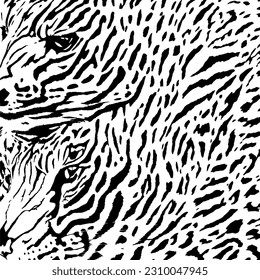 Leopard skin motif in the form of camouflage lines with 2 leopard faces in it