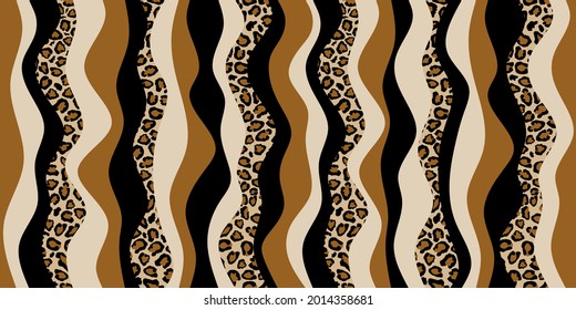 Leopard skin pattern with wavy backgrounds..Vector patch for print,fabric,textile design.