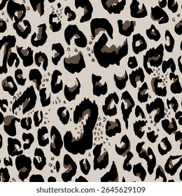 Leopard skin print, Artistic chiq seamless vector repeating leopard animal skin, black, brown, beige, and white gradients, overlapping elements, trendy seamless pattern for fashion, background, decor.