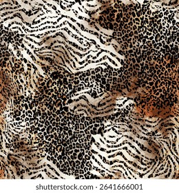 Leopard skin print, Artistic stylish seamless vector repeating leopard animal skin, black, brown, beige and white transitions, overlapping elements, trend seamless pattern for fashion, background, dec