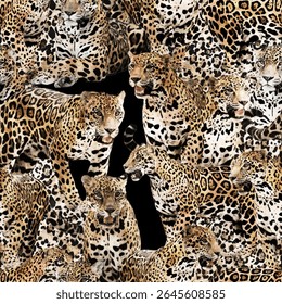 Leopard skin print, Artistic stylish seamless vector repeating leopard animal skin, black, brown, beige and white transitions, overlapping elements, trend seamless pattern for fashion, background, dec