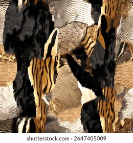 Leopard skin print, Artistic stylish seamless vector repeating leopard animal skin, black, brown, beige and white transitions, overlapping elements, trend seamless pattern for fashion, background, dec