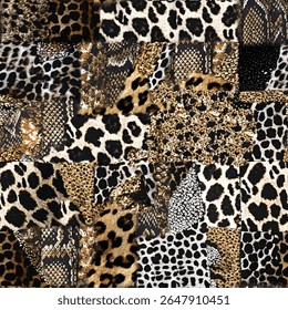 Leopard pele impressão, vetor sem emenda elegante artística repetindo pele de leopardo animal, preto, marrom, bege e branco transições, elementos sobrepostos, tendência padrão sem emenda para a moda, fundo