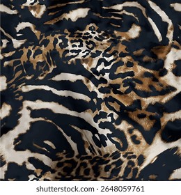 Leopard skin print, Artistic stylish seamless vector repeating leopard animal skin, black, brown, beige and white transitions, overlapping elements, trend seamless pattern for fashion, background, dec