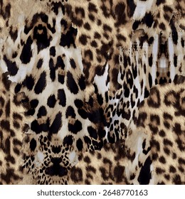 Leopard skin print, Artistic stylish seamless vector repeating leopard animal skin, black, brown, beige and white transitions, overlapping elements, trend seamless pattern for fashion, background.