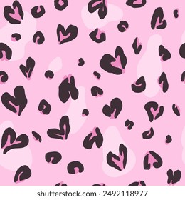 Leopard skin print with hearts in pink color. Vector Valentine Day background