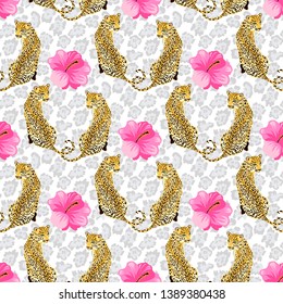 Leopard skin print with tropical hibiscus flowers and leopards animal 