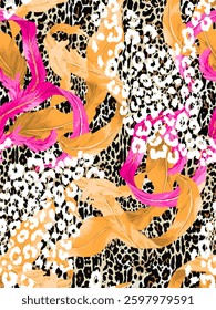 Leopard skin print vibrant artistic chic seamless vector pattern white leopard spots mixed with neon fuchsia, pink, and orange leaves. A trendy, bold design for fashion, apparel, decoration, wrapping.