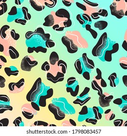 Leopard skin seamless gradient yellow and turquoise pattern. Vector illustration, exotic animal print.	