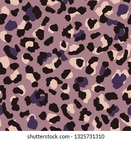 Leopard skin seamless pattern. Abstract animal fur wallpaper. Purple and black colors texture repeat. Wild african cats illustration. Concept fabric textile design