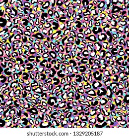 Leopard skin seamless pattern, animal texture, spotted tracery, animalistic ornament, vector background. White black spot on multicolor backdrop. Colorful wallpaper, fabric design, textile print