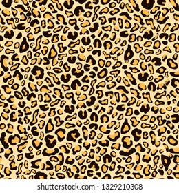 Leopard skin seamless pattern, animal texture, spotted tracery, animalistic ornament, vector background. Chaotic black orange spot on orange backdrop. Retro wallpaper, fabric design, textile print