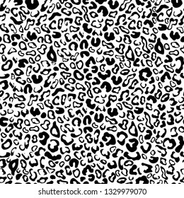 Leopard skin seamless pattern, animal texture, spotted monochrome tracery, animalistic ornament, vector background. Chaotic black spot on white backdrop. Retro wallpaper, fabric design, textile print