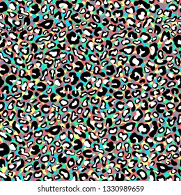 Leopard skin seamless pattern, animal texture, spotted tracery, animalistic ornament, vector background. White black spot on multicolor backdrop. Colorful wallpaper, fabric design, textile print