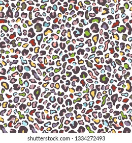Leopard skin seamless pattern, animal texture, spotted tracery, animalistic ornament, vector background. Chaotic multicolor spot on white backdrop. Colorful wallpaper, fabric design, textile print