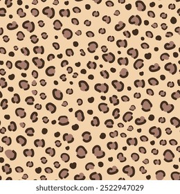 Leopard skin seamless pattern. Animal print. Brown and black spots on a beige background. Vector Illustration for textile design, fashion, and animal-themed projects, wild and stylish aesthetic.