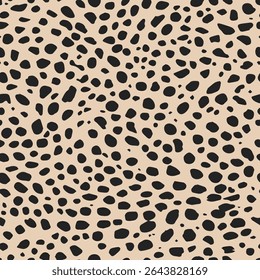 Leopard skin seamless pattern with natural, swirling animal black spots, on a light beige background. Animal classic fur illustration. Cheetah leather endless print design.