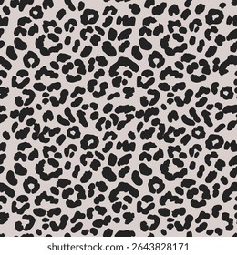 Leopard skin seamless pattern with natural, swirling animal black spots, on a light beige background. Animal classic fur illustration. Cheetah leather endless print design.