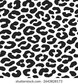 Leopard skin seamless pattern with natural, swirling animal black spots, on a  white background. Animal classic fur illustration. Cheetah leather endless print design.
