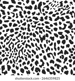 Leopard skin seamless pattern with natural, swirling animal black spots, on a white background. Animal classic fur illustration. Cheetah leather endless print design.