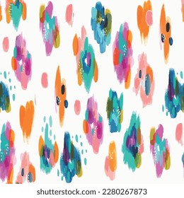 Leopard skin seamless pattern in orange, pink and blue watercolor color. Leopard animal skin background. Grunge textured abstract art textile wild print design vector illustration