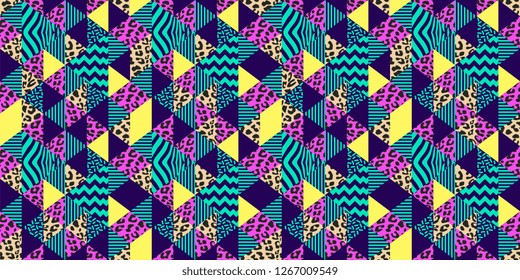 Leopard skin seamless pattern with trendy geometric colorful tropical colors background vector illustration ready for fashion textile print.