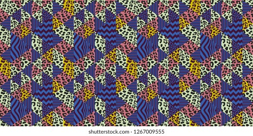 Leopard skin seamless pattern with trendy geometric colorful tropical colors background vector illustration ready for fashion textile print.