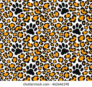 Leopard skin seamless pattern. Vector illustration with cat paw print. Jaguar print for wallpaper, clothes wrapping, fabric, paper, cover, textile, design, background. Orange color