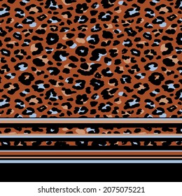 Leopard skin with stripes border print. Random placed, animal seamless pattern with multicolored lines on the bottom placement artwork.