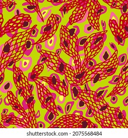Leopard skin texture mixed with plant leaves. Animal fur background. Botanical ornament with foliage. Decorative spots texture. Floral seamless pattern. Flat style.