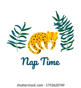 Leopard sleeping in the jungle. Floral ornament and inscription. Isolated vector illustration in flat style