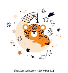 Leopard sleeps on the moon in doodle style. The concept of children's dreams. Poster for the children's room