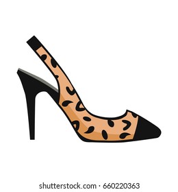 Leopard slingback shoe with black toe on high heel isolated on white background. Fashionable women footgear for chic look