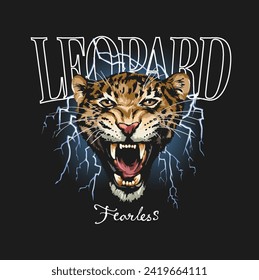leopard slogan with leopard head on lighning background hand drawn vector illustration