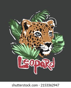leopard slogan with leopard head and tropical leaf graphic vector illustration