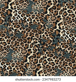 Leopard and Snak skin combination texture. Black, brown and blue spots on beige background. Vektor pattern for textile, covering and wrapping prints, website backgrounds, banners, cards and decoration