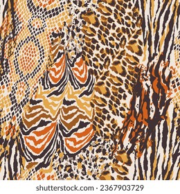 Leopard snake tiger skins patchwork camouflage wallpaper abstract vector seamless pattern