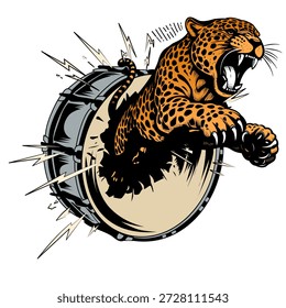 Leopard Spirit Drum – Exotic Rhythm  Illustration. A fierce leopard exploding through a drum, representing wild rhythm, power, and primal energy.