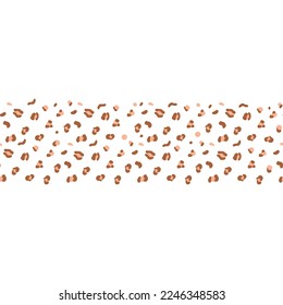 Leopard spot seamless border. Pink horizontal wild animal repeat print. Cheetah random decorative spot design. Cute safari frame isolated. Polka dot vector illustration. African animal skin texture.