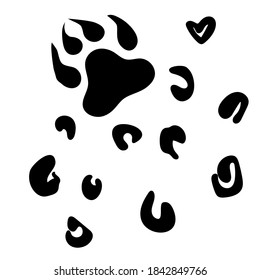 Lugares de leopardo y huella de garra. Ilustración vectorial negra en fondo blanco
