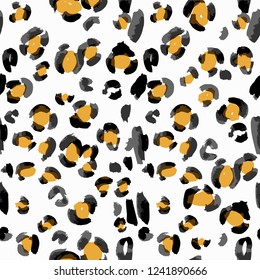 Leopard spots fur imitation. Animal skin leopard vector seamless pattern. Doodle figures and flowers illusion.