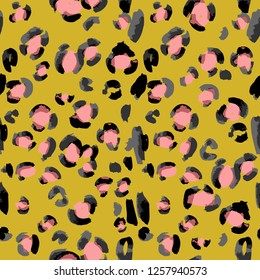 Leopard spots fur imitation. Animal skin leopard vector seamless pattern. Doodle figures and flowers illusion.