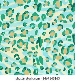 Leopard spots fur imitation. Animal skin leopard vector seamless pattern. Doodle figures and flowers illusion.