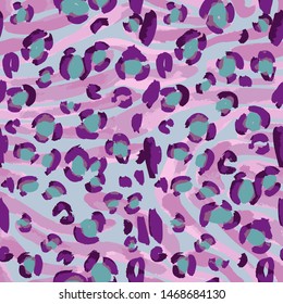 Leopard spots fur imitation. Animal skin leopard vector seamless pattern. Doodle figures and flowers illusion.
