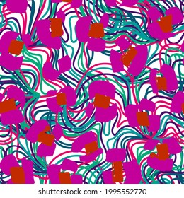 Leopard spots fur imitation. Animal skin cheetah seamless pattern on abstract geometric texture with chaotic tangled lines. Daisy flowers illusion. Trendy flat style. Intricate backdrop for textile.