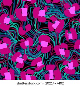 Leopard spots fur imitation. Animal skin cheetah seamless pattern on abstract geometric texture with chaotic tangled lines. Daisy flowers illusion. Trendy flat style. Intricate backdrop for textile.