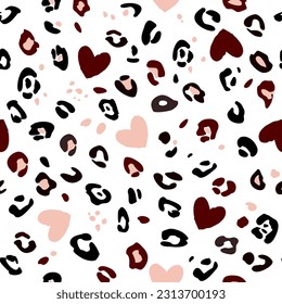 Las manchas leopardo y los corazones sobre fondo blanco. Impresión abstracta de piel animal sin fisuras. Resumen del dibujo moderno a mano. Diseño vectorial moderno para impresión en papel pintado, tela, cubierta